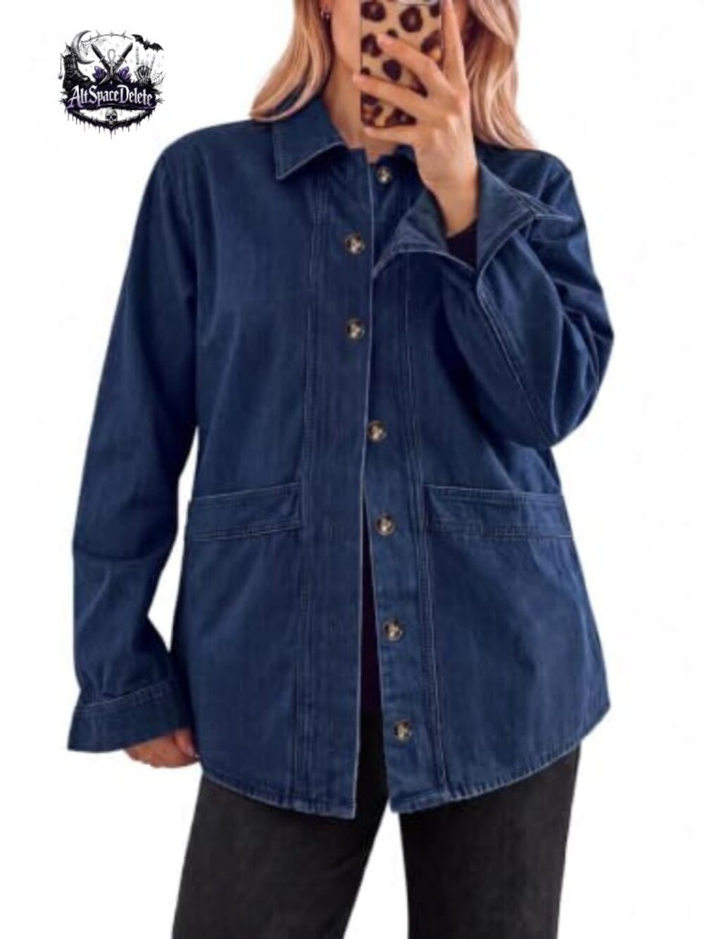 Womens Button Down Denim Jacket Collared Long Sleeve Seam Detail